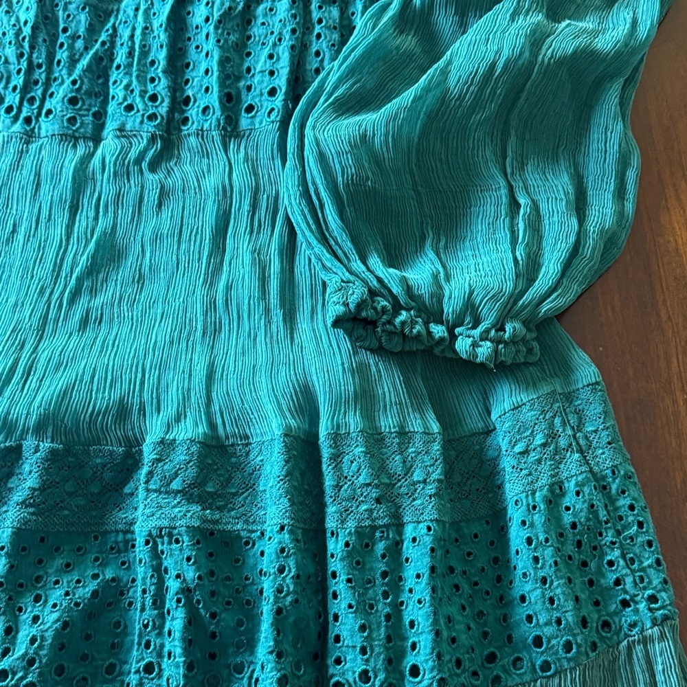 Sundance Romatic Boho Adore Moi Long Sleeve Midi Eyelet Sheer Pacific Blue Dress - Picture 4 of 12